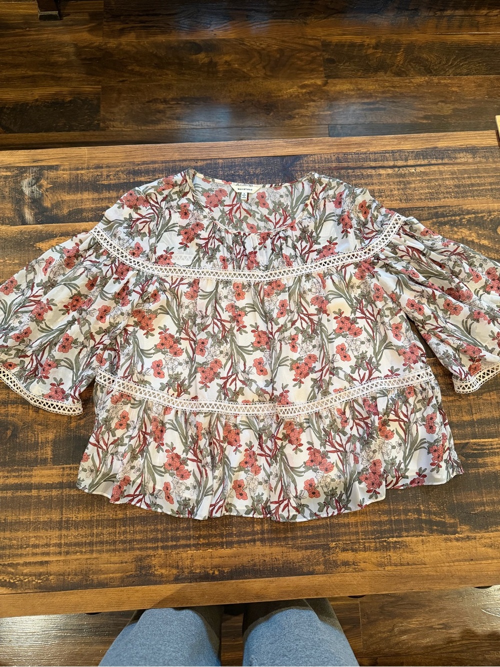 Max Studio Cream Floral Crochet-Trim Peasant Blouse